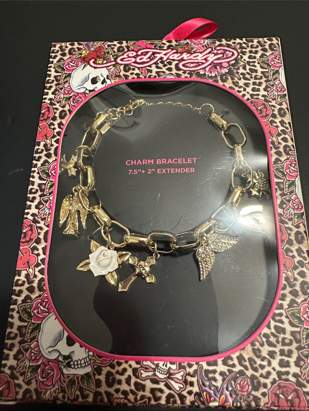 Ed Hardy Gold-Tone Charm Bracelet with White Rose and Wing Charms